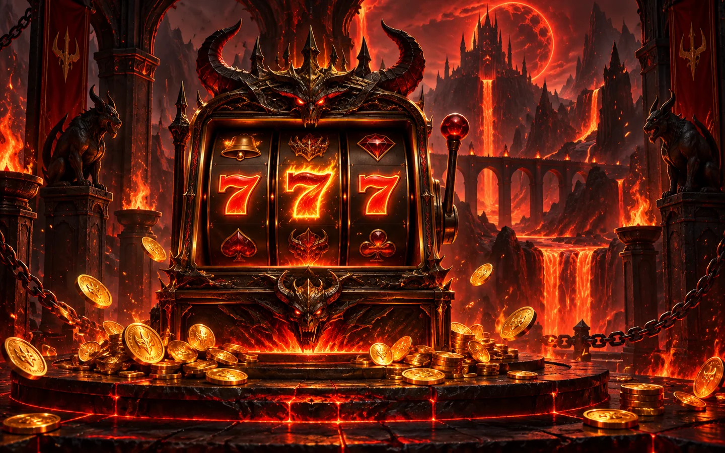Hell Spin casino artwork with a fiery slot machine and gold coins