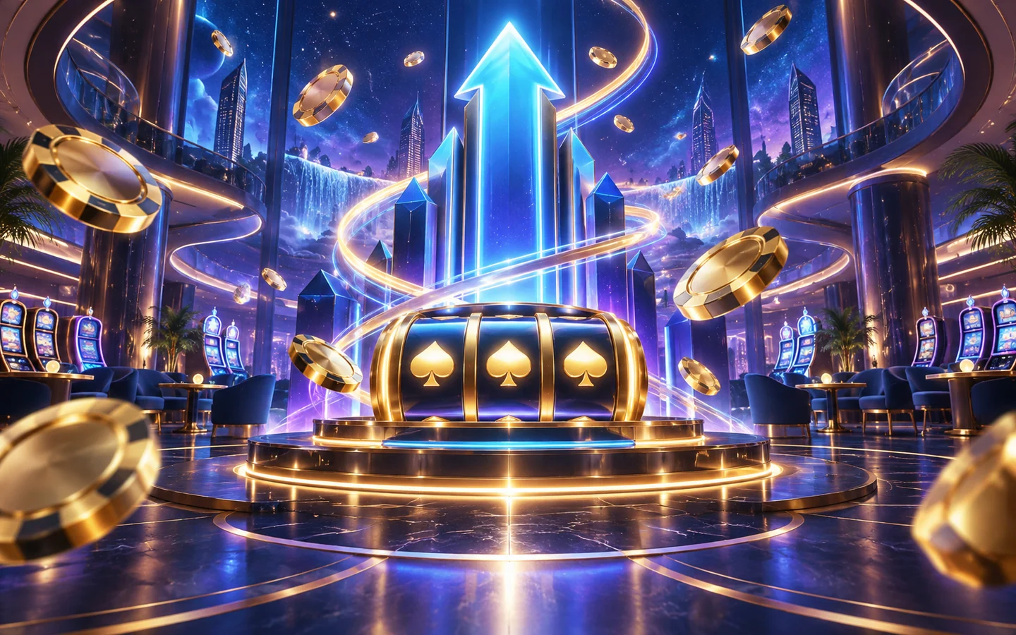 SpinsUP casino artwork with rising lights and gold tokens