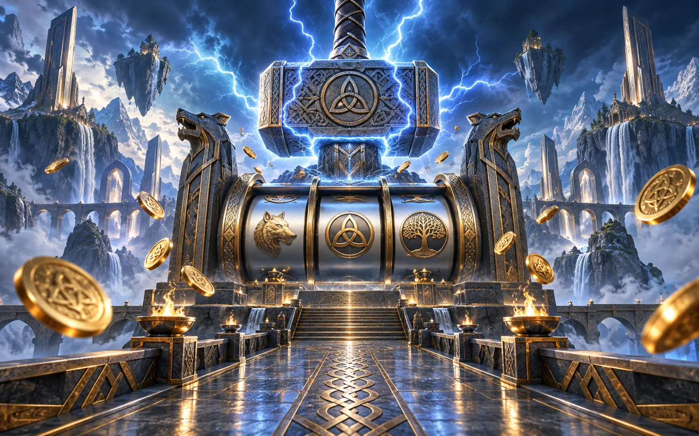 Thor Fortune casino artwork with a lightning hammer and Norse slot reels