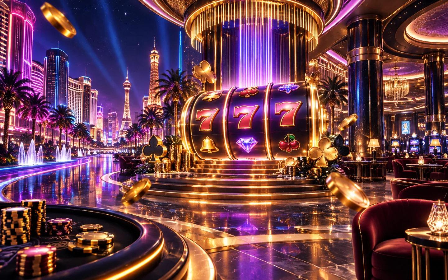 Vegas Now casino artwork with neon lights and slot reels