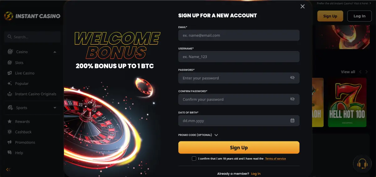 Registration at Instant Casino for Aussie players