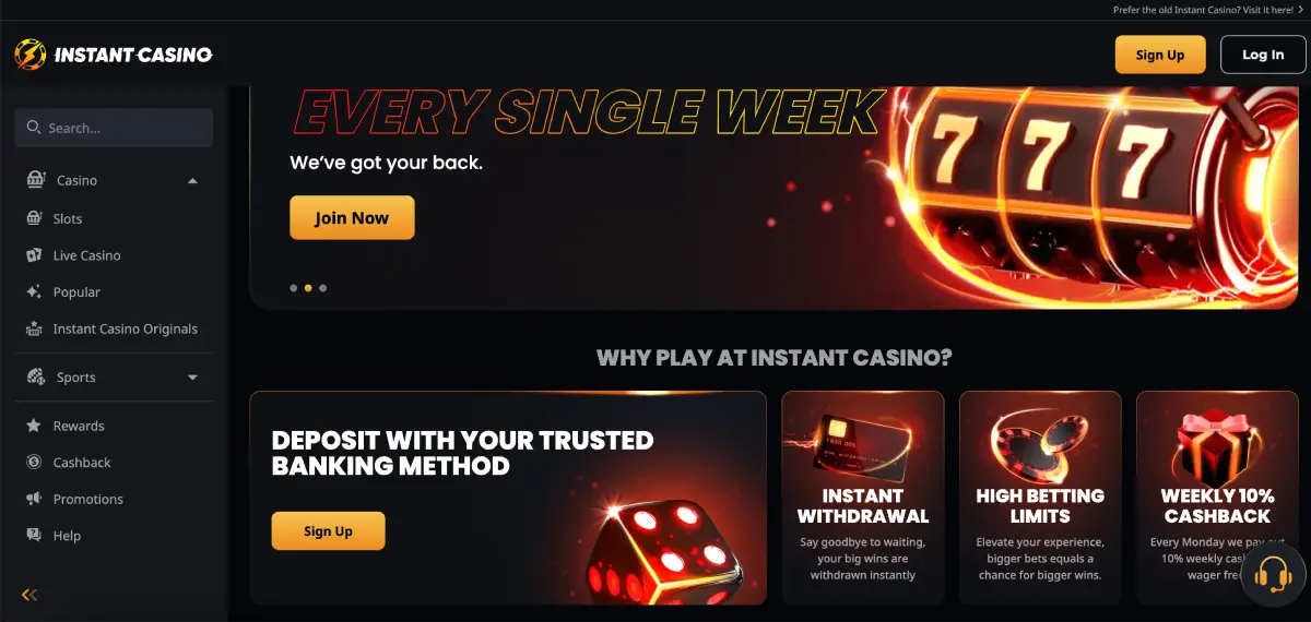 Instant Casino casino website screenshot